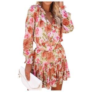 Boutique Smocked Ruffle Dress, Size L, Coral, Pink, Sage, White, Floral, Roses